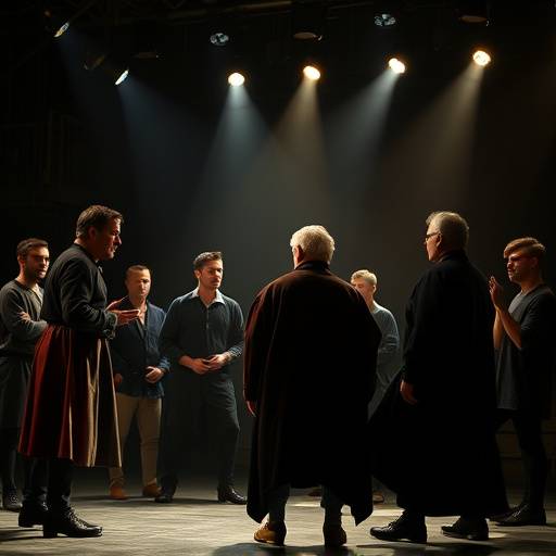 A group of actors rehearsing a scene from Shakespeare's Hamlet.