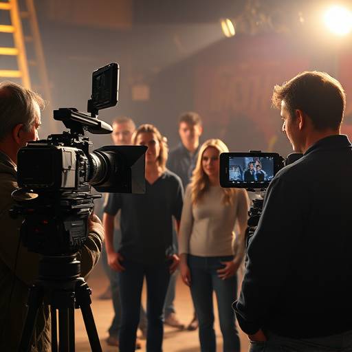 Actors filming a scene on a movie set, learning about camera angles.