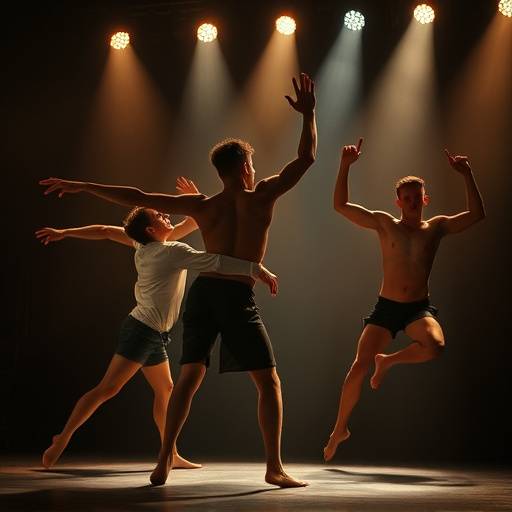 Actors performing a physical theatre routine with exaggerated movements.