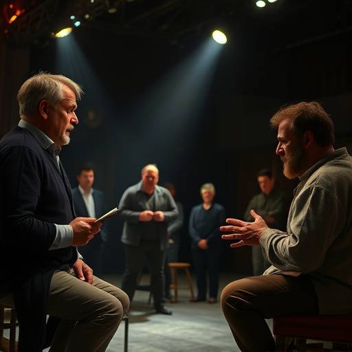 Actors rehearsing a scene from Hamlet on stage.