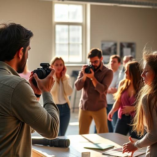 Julian Hayes demonstrating camera techniques to students.