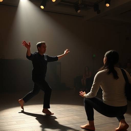 Kenji Tanaka demonstrating a physical movement technique during a physical theatre workshop.