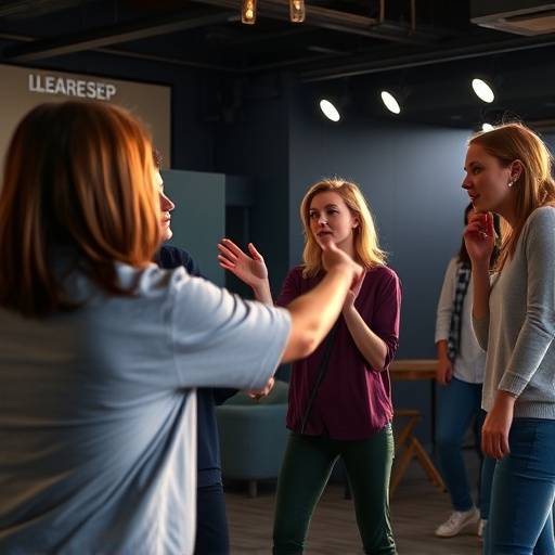 Students engaged in a physical acting workshop, exploring movement and non-verbal communication.